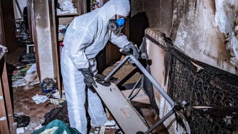 une personne en combinaison de protection qui nettoie une pièce salle